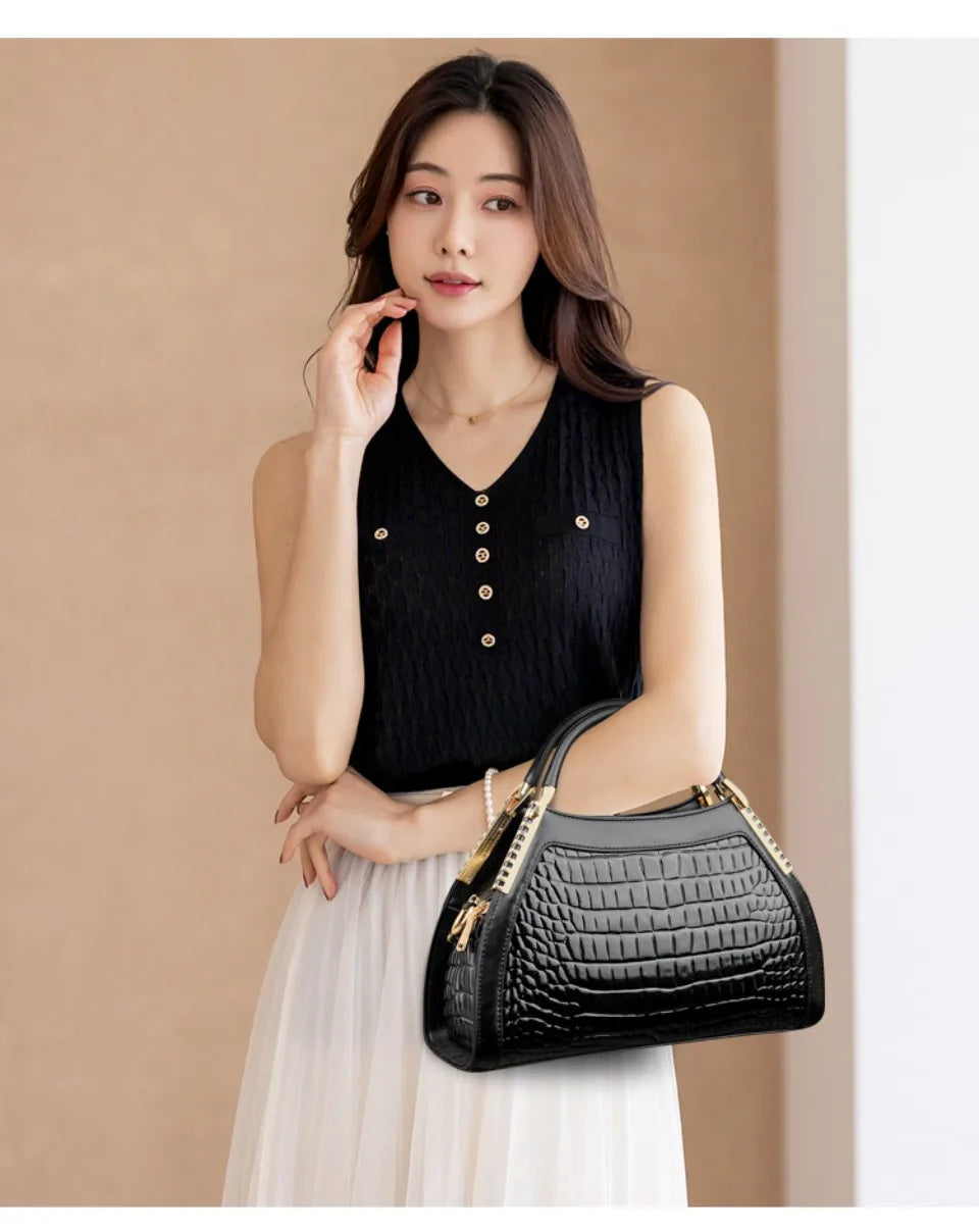 Alligator Patent Leather Shoulder Crossbody Handbags for Women, Luxury Brand Designer Hobo Bags, Two-Layer Sac