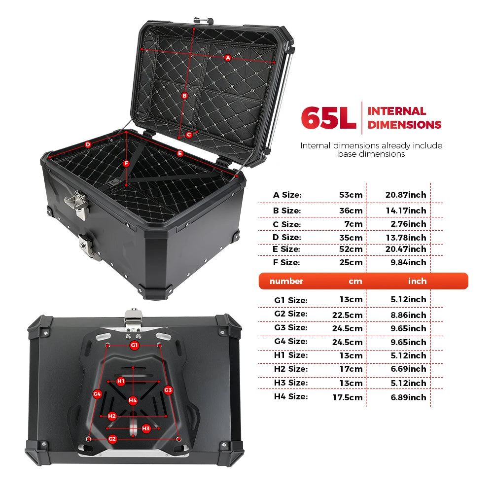 KEMIMOTO 45L/55L/65L Motorcycle Aluminum Case Tail Box Trunk with backrest Universal Top Tail Rear Luggage Tool Storage Box