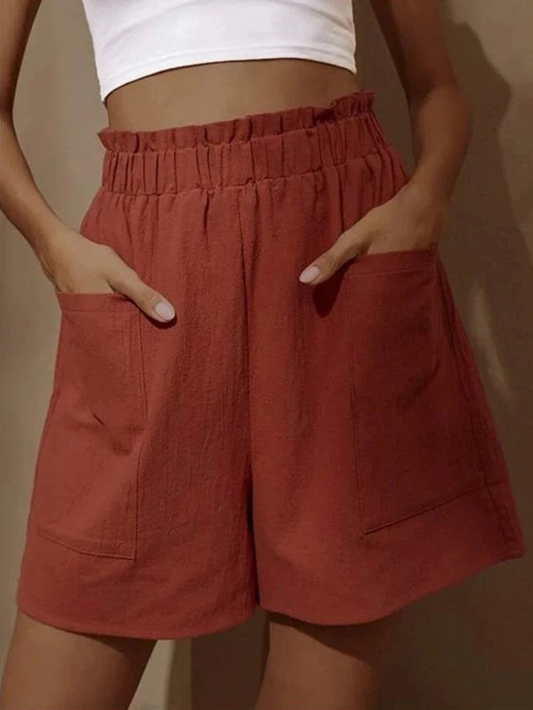 Pantalones cortos informales holgados de talla grande para mujer, de verano, de cintura alta, lisos, con dos bolsillos y pierna ancha, deportivos 
