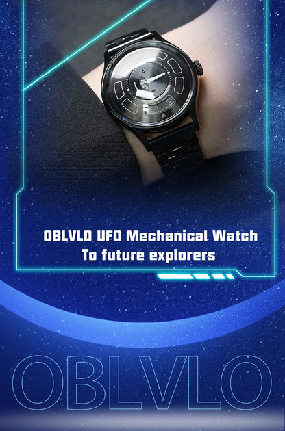 OBLVLO BLM-UFO Unique UFO-Shaped Automatic Watch with Luminous Silicone Strap And Steel Bracelet Waterproof Mechanical Timepiece