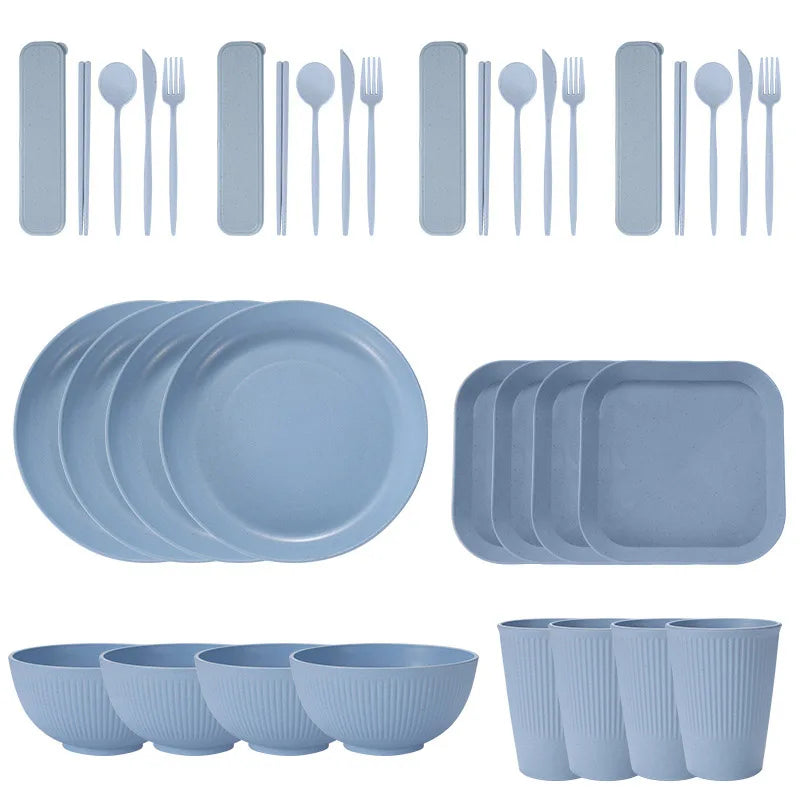 36pcs Plate Sets Wheat Straw Eco-Friendly Ramen Bowl Tableware Dinner Dishes Set Camping Tableware Set With Knife Fork Spoon