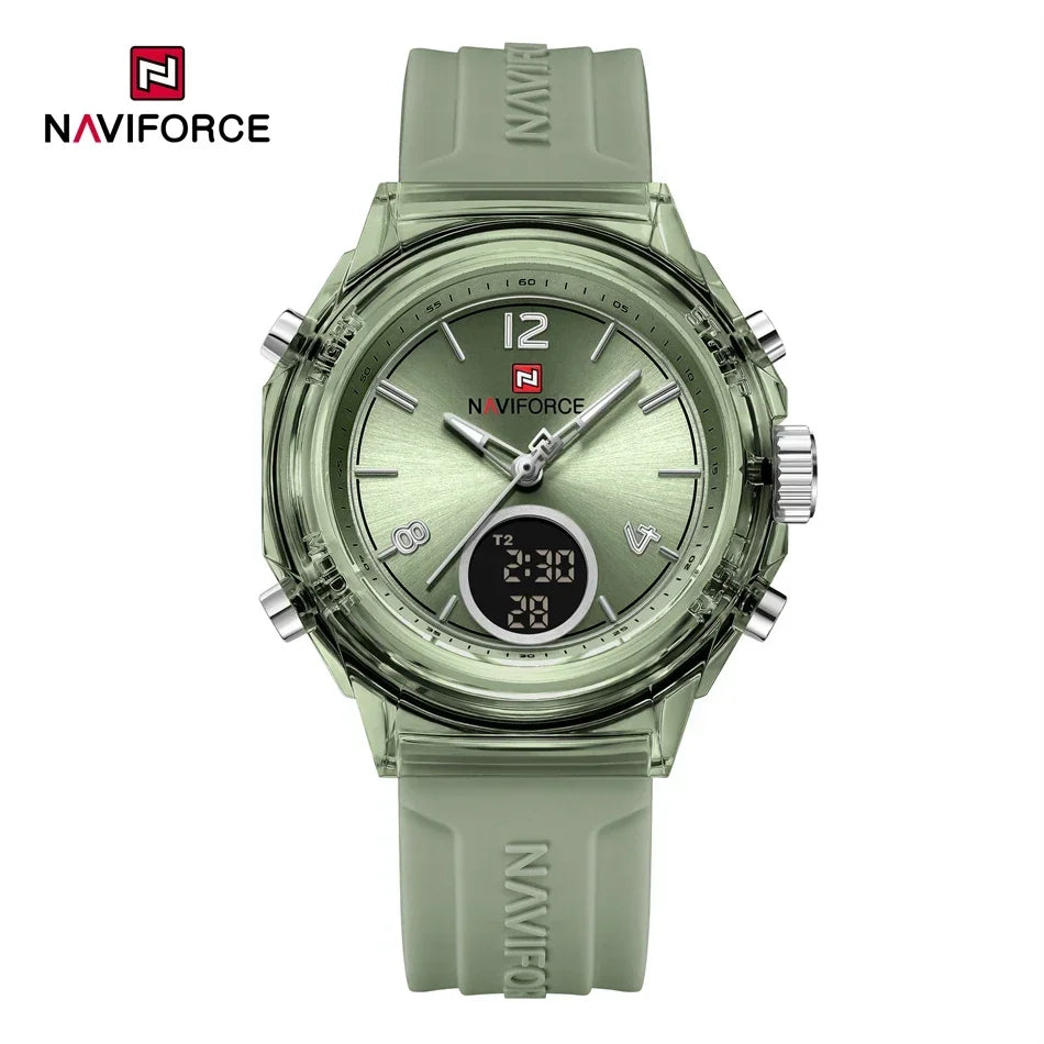 Relojes NAVIFORCE para mujer, nuevo diseño, esfera pequeña, deportivos, para mujer, resistente al agua hasta 5 ATM, reloj de pulsera de cuarzo con pantalla LCD digital, reloj para mujer