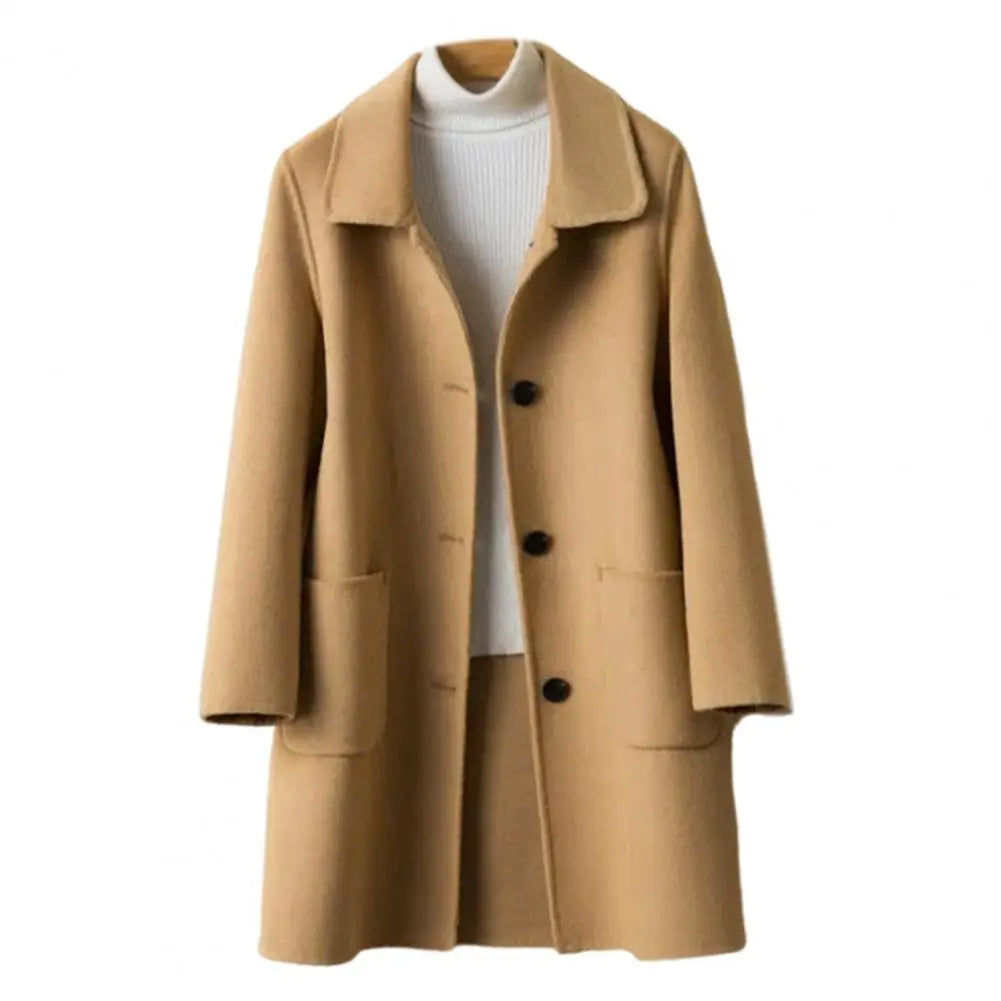 Abrigo de invierno de longitud media para mujer, color liso, cuello vuelto, botonadura sencilla, abrigo formal grueso para uso diario en la calle.