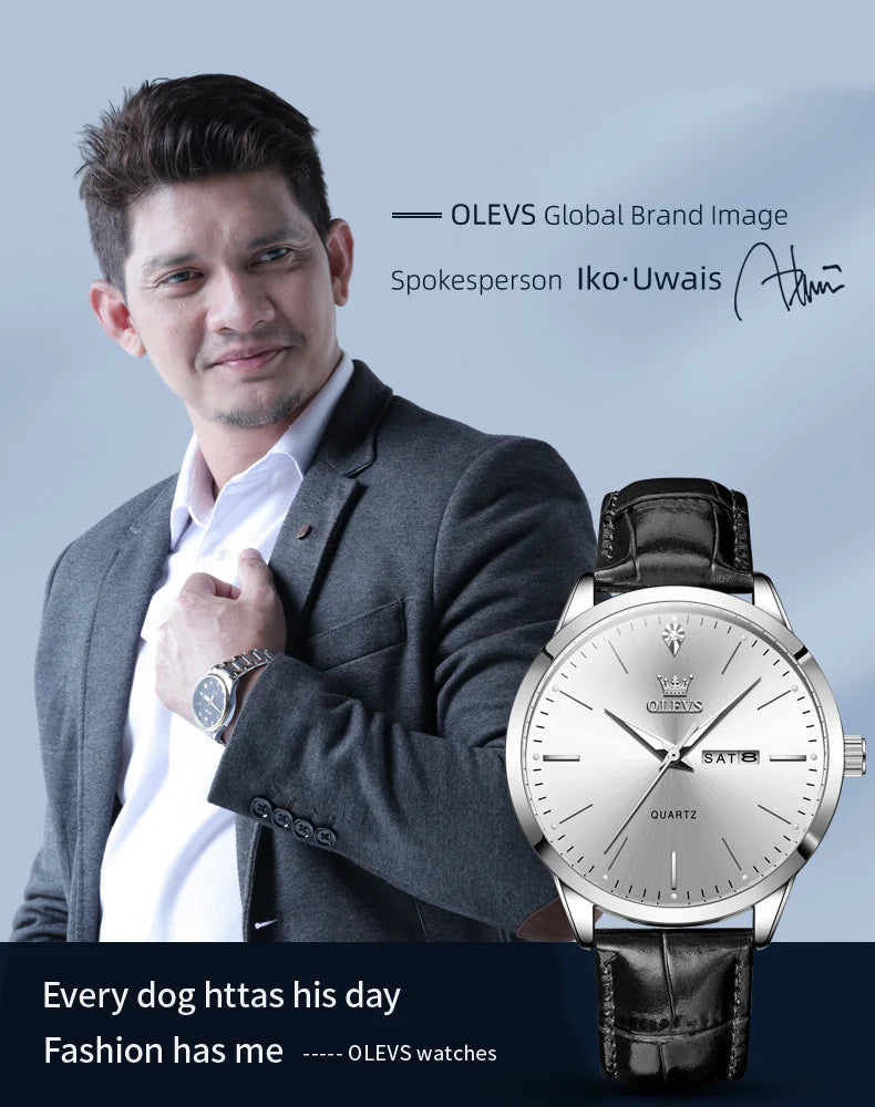 Reloj de vestir de cuarzo OLEVS 2935 con calendario dual para hombre, sencillo y original, de cuero, resistente al agua, luminoso, para negocios.