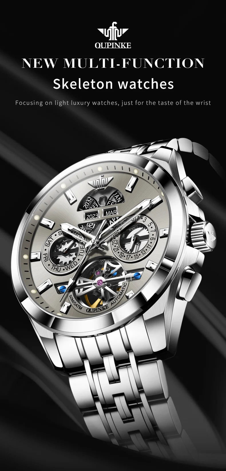 OUPINKE 3251 Skeleton Flywheel Automatic Watch for Men Stainless Steel Waterproof Wristwatch Luxury Sapphire Mirror Men's Watch