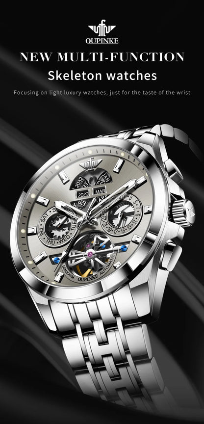 OUPINKE 3251 Skeleton Flywheel Automatic Watch for Men Stainless Steel Waterproof Wristwatch Luxury Sapphire Mirror Men's Watch