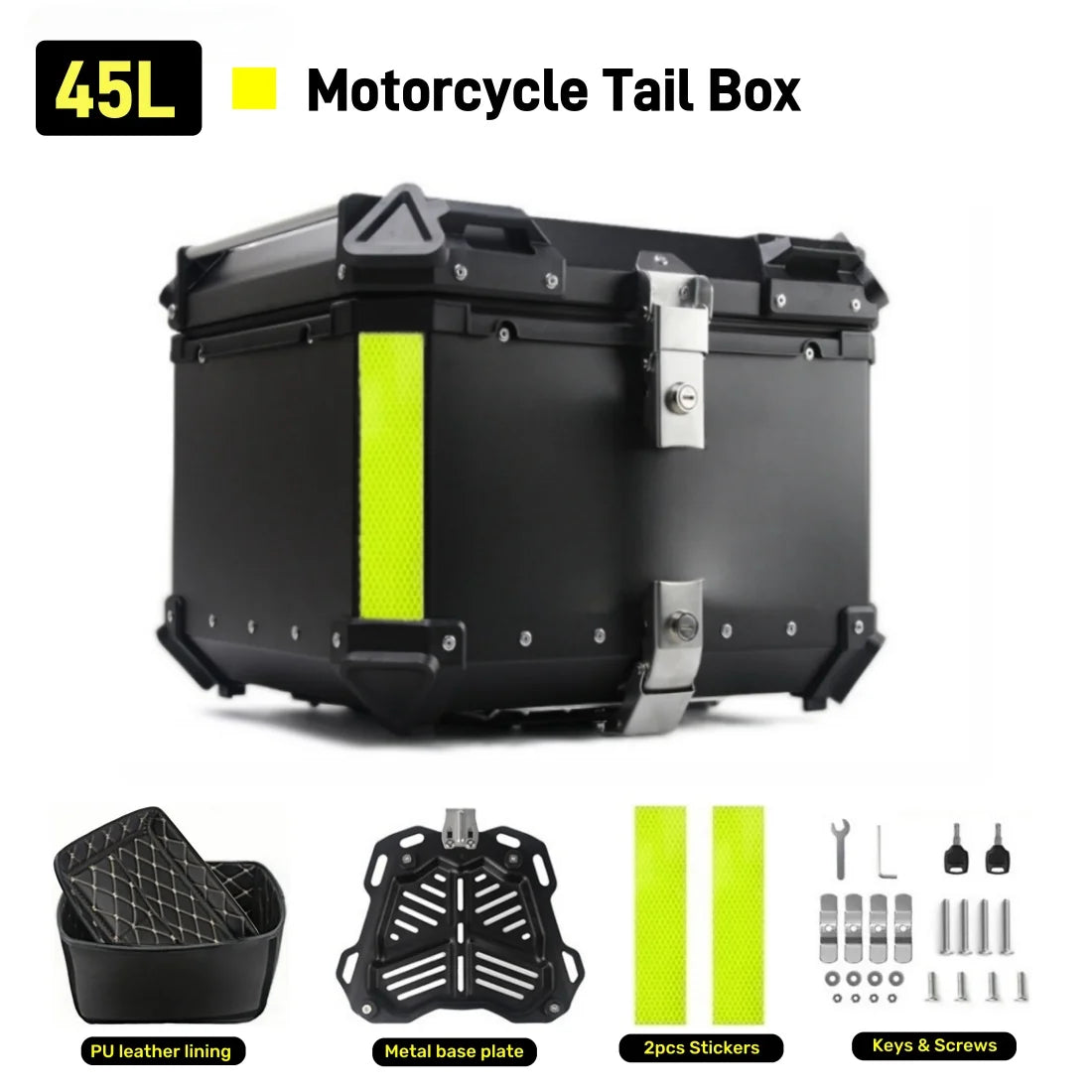 65/55/45L Aluminum Silvery Motorcycle Top Box Waterproof Rear Luggage Case Motorbike Trunk Tail Helmet Box Quick Release Toolbox