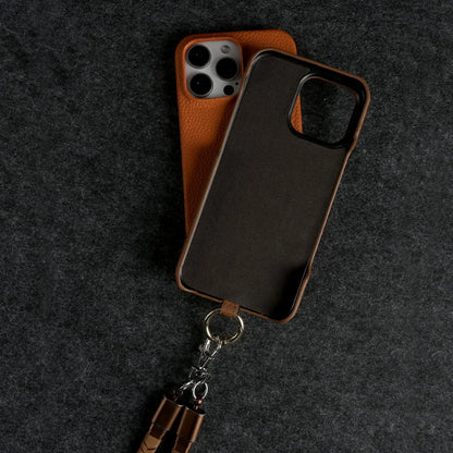Funda de piel auténtica personalizable con cordón de carga para iPhone 16 Pro Max, 15, 14, 13, 12 y 11, con funda magnética.