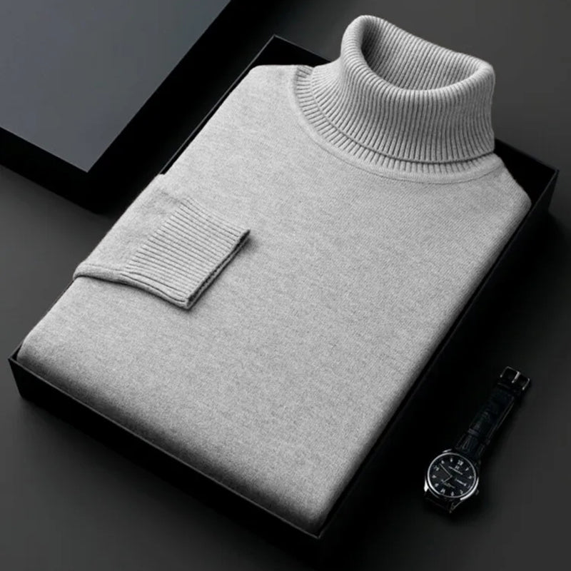 Suéter de cuello alto de punto de alta calidad para hombre, antibolitas, ajustado, de manga larga, color liso, tendencia