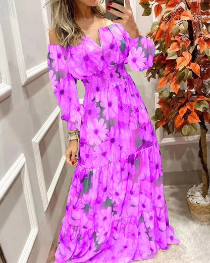Women's Dresses 2022 Summer Vintage Print Off The Shoulder Casual V Neck Long Sleeved Waist Slim Maxi Dress