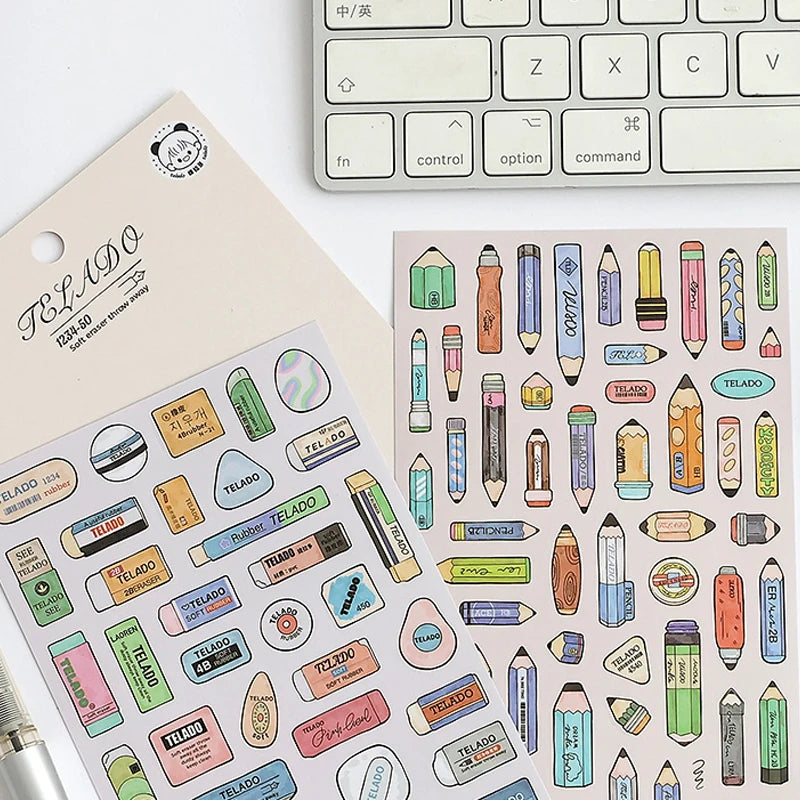 8pcs pencils erasers pens clips stationery themed stickers handbook DIY notebooks dairy pens students' back-to-school gifts