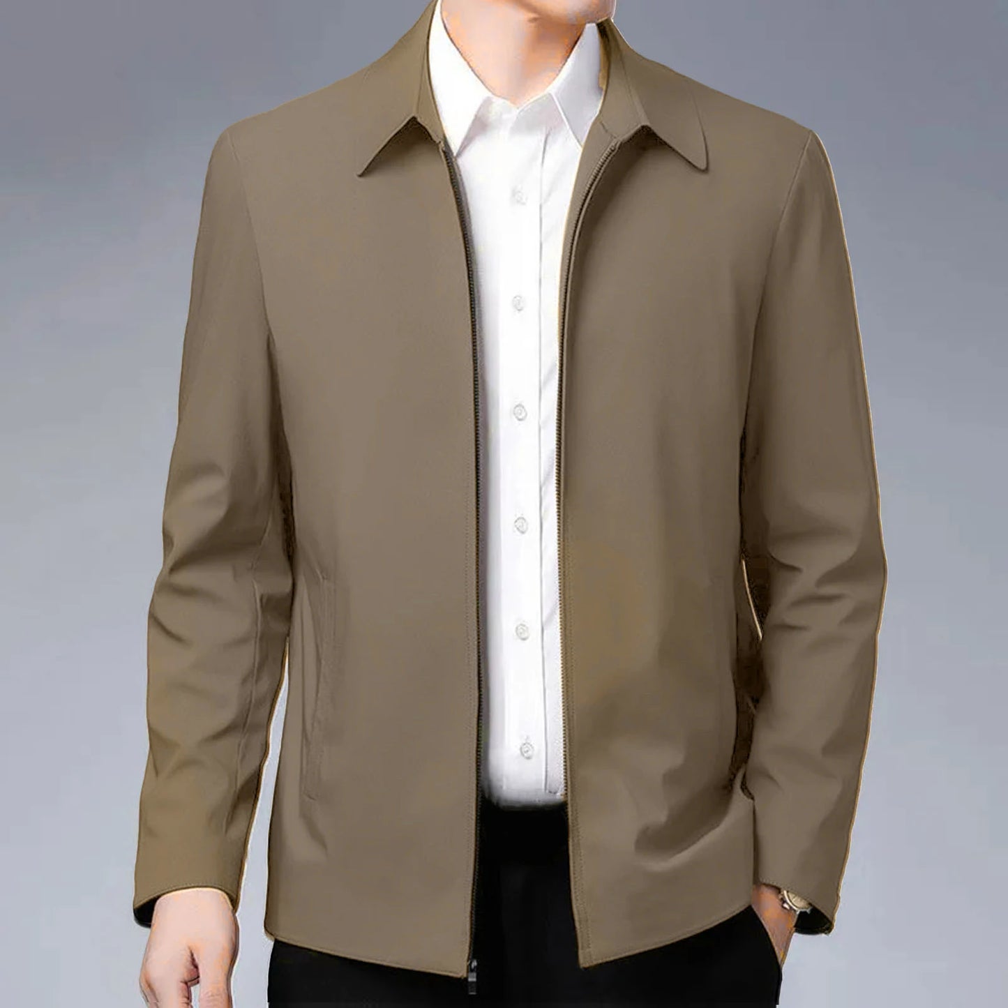 Chaqueta elegante para hombre de mediana edad con solapa y bolsillos con cierre de cremallera para negocios formales o ropa informal en primavera y otoño.