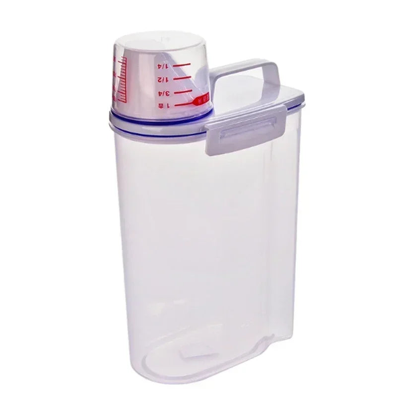 1Pc Sealed Cereal Insect-Proof Rice Bucket with Measuring Cup Transparent Rotary Food Moistureproof Tank Kitchen Storage Box 2KG