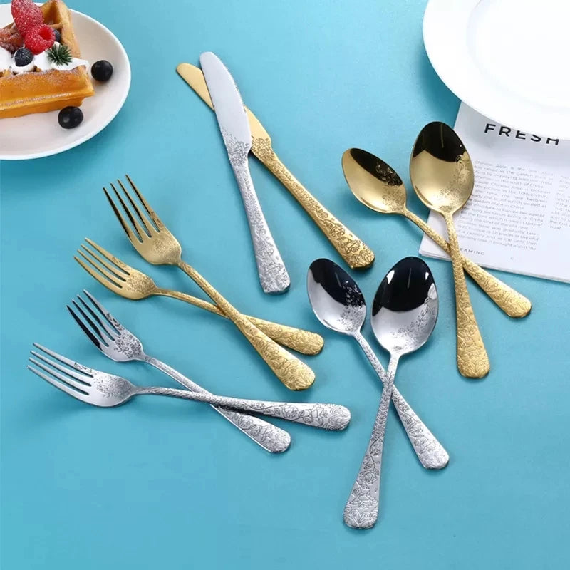 Juego de cubiertos de alta calidad con mango tallado exquisito, vajilla dorada de acero inoxidable, cuchillo, tenedor, cuchara, juego de cubiertos