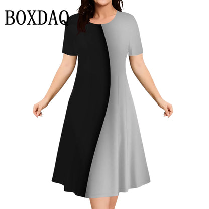2025 Summer Women Dress Fashion Plus Size Short Sleeve Dress Black White Contrast Color Loose A-Line Dress Big Size 9XL Clothing
