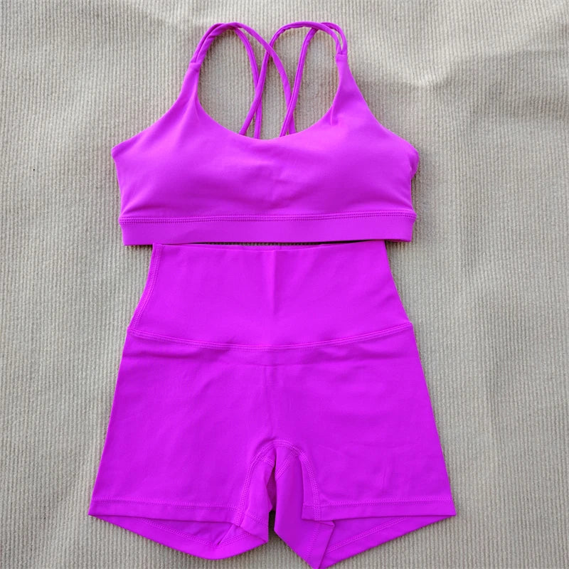 Women Gym Suit Yoga Clothes Shorts Leggings+ Bra 2-Piece Set Running Exercise Fitness Sportswear High Waist Cross Beautiful Back