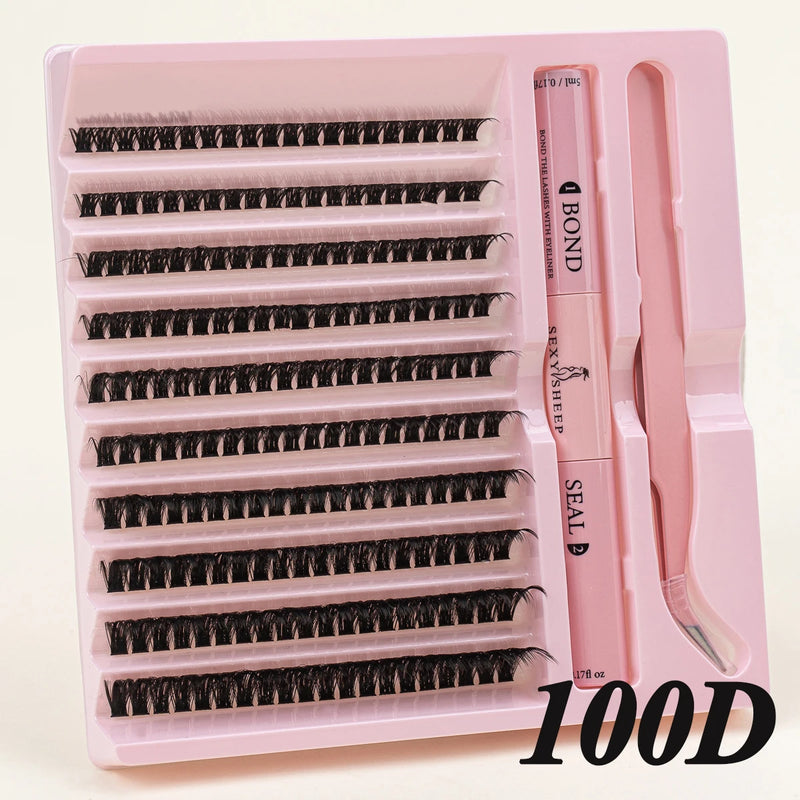 Kit de extensão de cílios diy, 200 peças, cluster de cílios com pinça com ligação e vedação de cílios, cola e aplicador de cílios, ferramenta de maquiagem