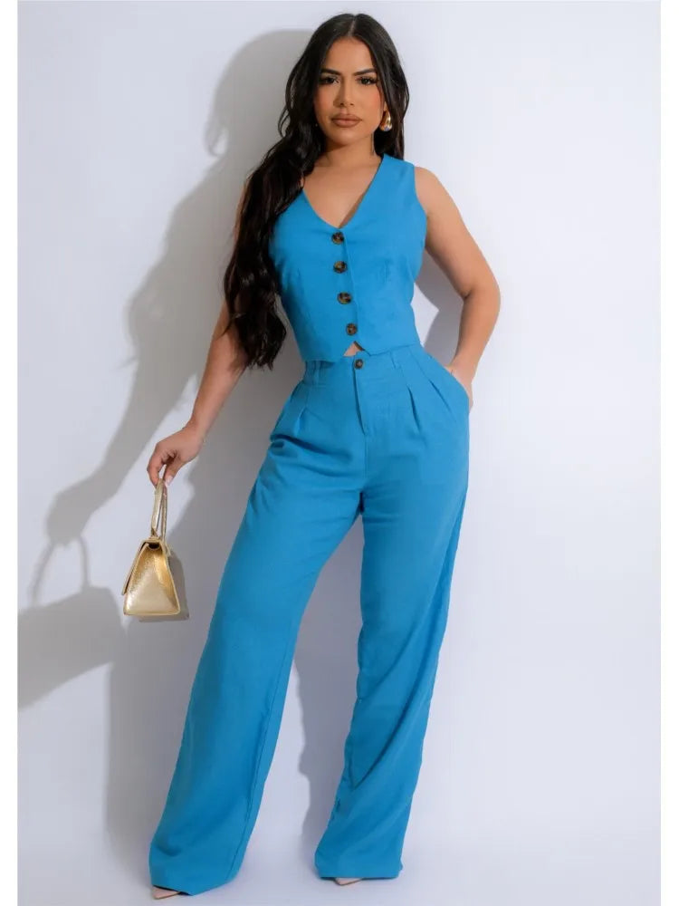 Fashion Sleeveless Vest Pants Women's Solid Color Suit Spring Summer V-Neck Ultra Short Top + Slim Pants Female Office 2 Piece Set