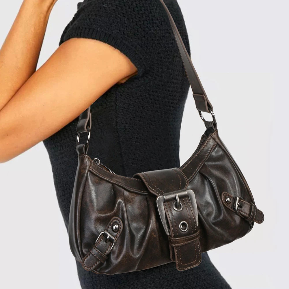 Women's Pleated Hobo Red Shoulder Bag Vintage Leather Spicy Girl Y2K Armpit Bag Rivet Belt Trendy Saddle Bag Travel Commuter Bag