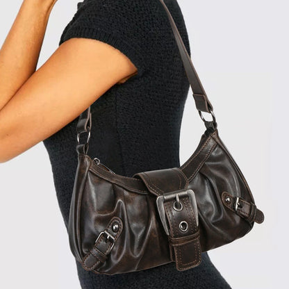 Women's Pleated Hobo Red Shoulder Bag Vintage Leather Spicy Girl Y2K Armpit Bag Rivet Belt Trendy Saddle Bag Travel Commuter Bag