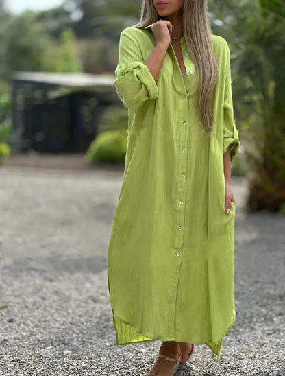 Vestido longo de algodão e cânhamo feminino, camisa elegante, manga longa casual, estilo praia, plus size, verão, novo