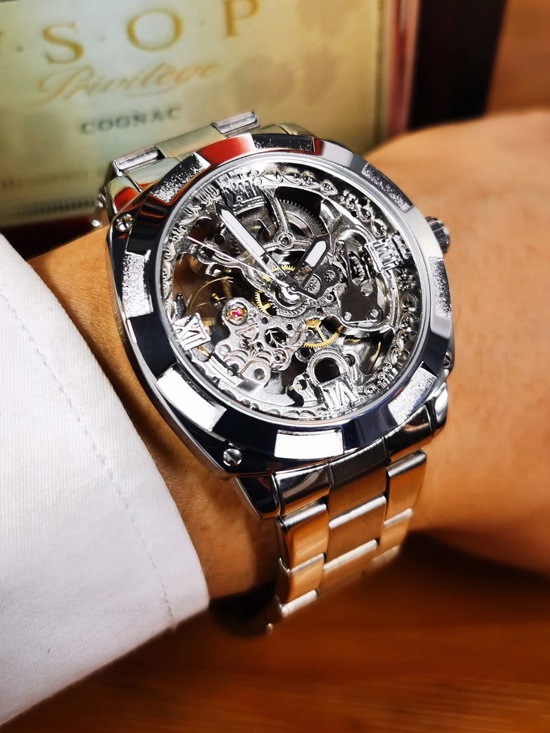 Forsining Square Skeleton Mechanical Watches Luxury Engraved Movement Retro Automatic Watch for Men Steel Strap Luminous Hands