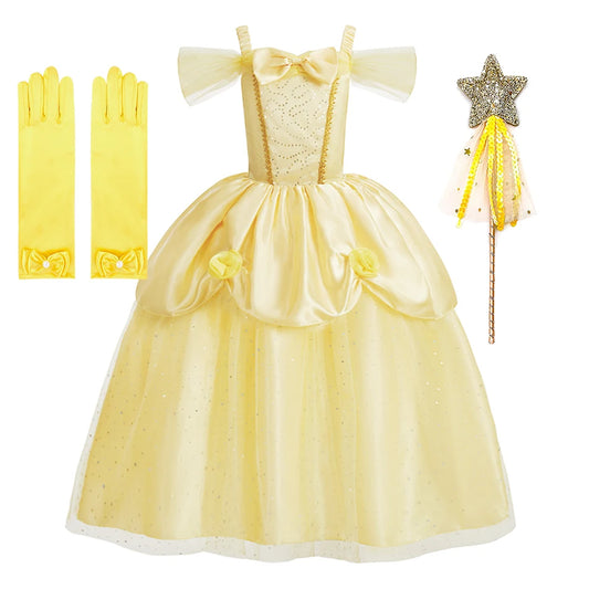 Children Princess Costume Kids Halloween Carnival Beauty Beast Birthday Party Clothes Girl Yellow Belle Cosplay Dress Up