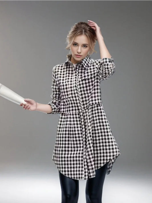 Blusas coreanas de talla grande, nuevas, de moda, con botones a cuadros, lisas, para otoño, blusa holgada de manga larga con cuello polo para mujer.