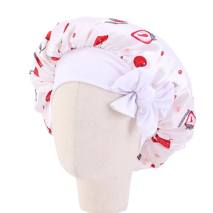 Kids Satin Bonnet Sleep Hat Silk Shower Cap for Child Hair Beanie At Night Boy Girls Flower Printed Silk Sleep Cap with Band Bow