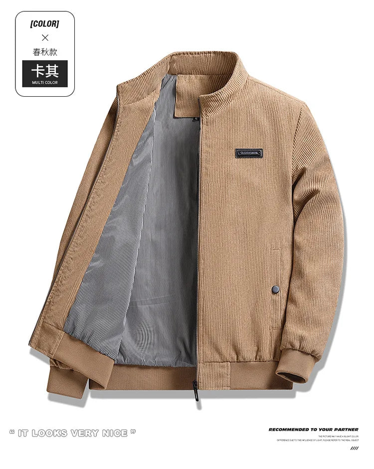 2024 Men's Casual Warm Jacket Spring Autumn Solid Color Stand Bomber Coat Men Corduroy Outwear Fashion Zipper Slim Jacket Men