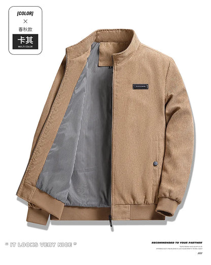 2024 Men's Casual Warm Jacket Spring Autumn Solid Color Stand Bomber Coat Men Corduroy Outwear Fashion Zipper Slim Jacket Men