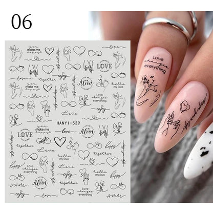 1Sheet 3D Red Heart Laser Nail Sticker Black Letter Star Line Self-Adhesive Slider Valentine's Day Series Nail Decals Decoration