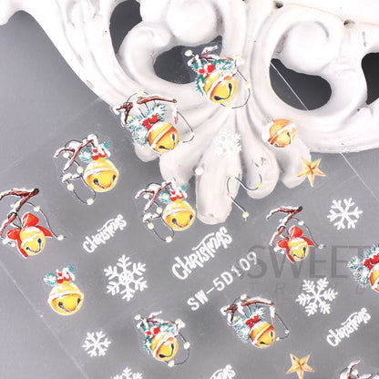 5D Red Christmas Nail Stickers Glitter Embossed Snowflake Gloves Feather Bulb Bells Winter Xmas DIY Engraved Manicure Decoration