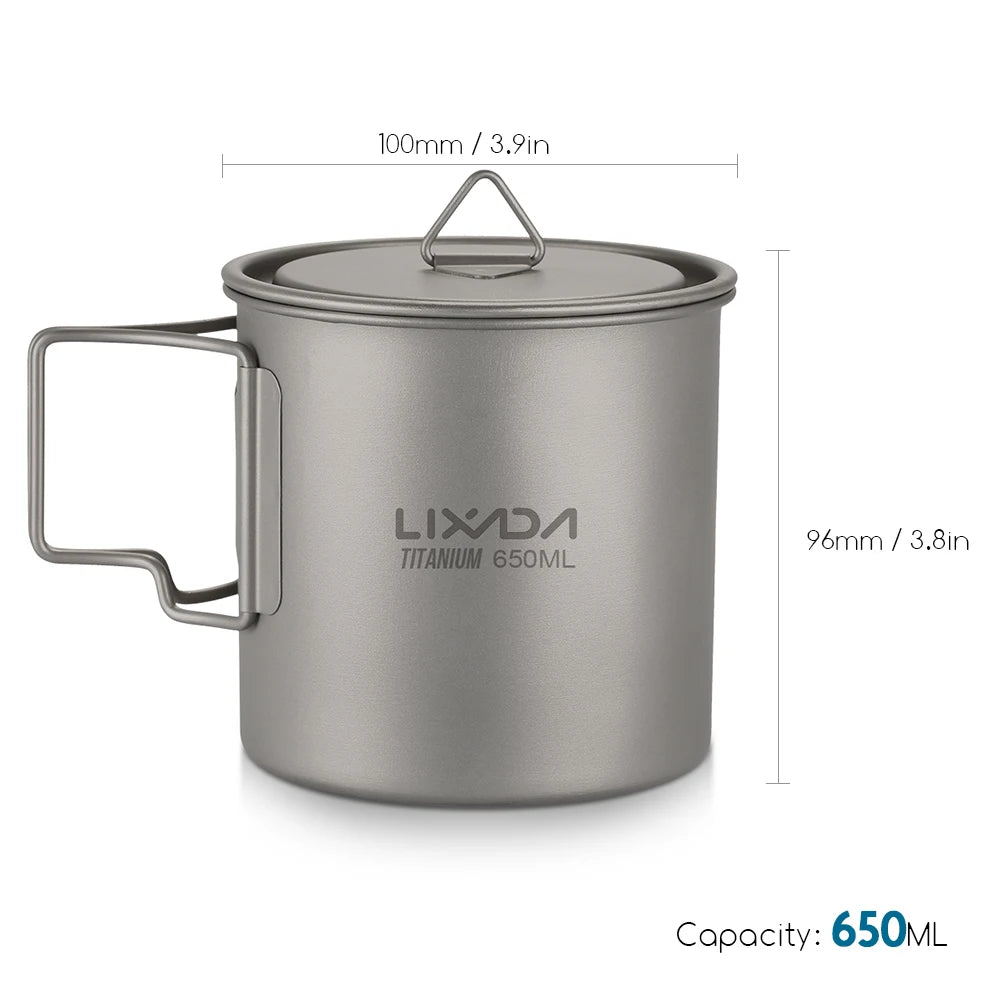 Taza de agua ultraligera de titanio Lixada con asa plegable, portátil para exteriores, camping, picnic, 300 ml/350 ml/550 ml/650 ml