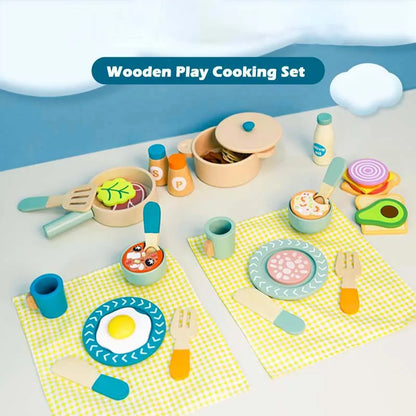Juego de cocina de madera Montessori con platos y accesorios, ideal como regalo para niños pequeños a partir de 3 años.