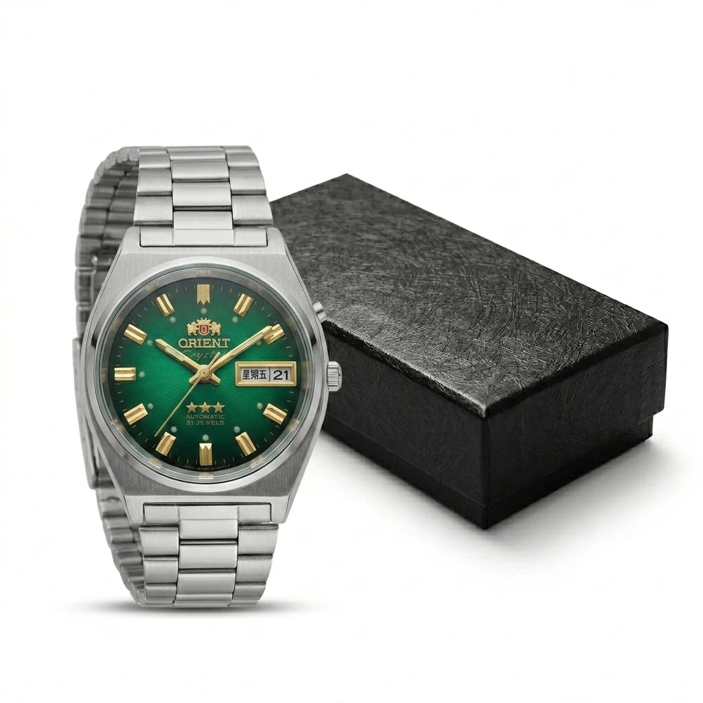 Relógio masculino automático vintage 36mm mostrador champagne em aço inox