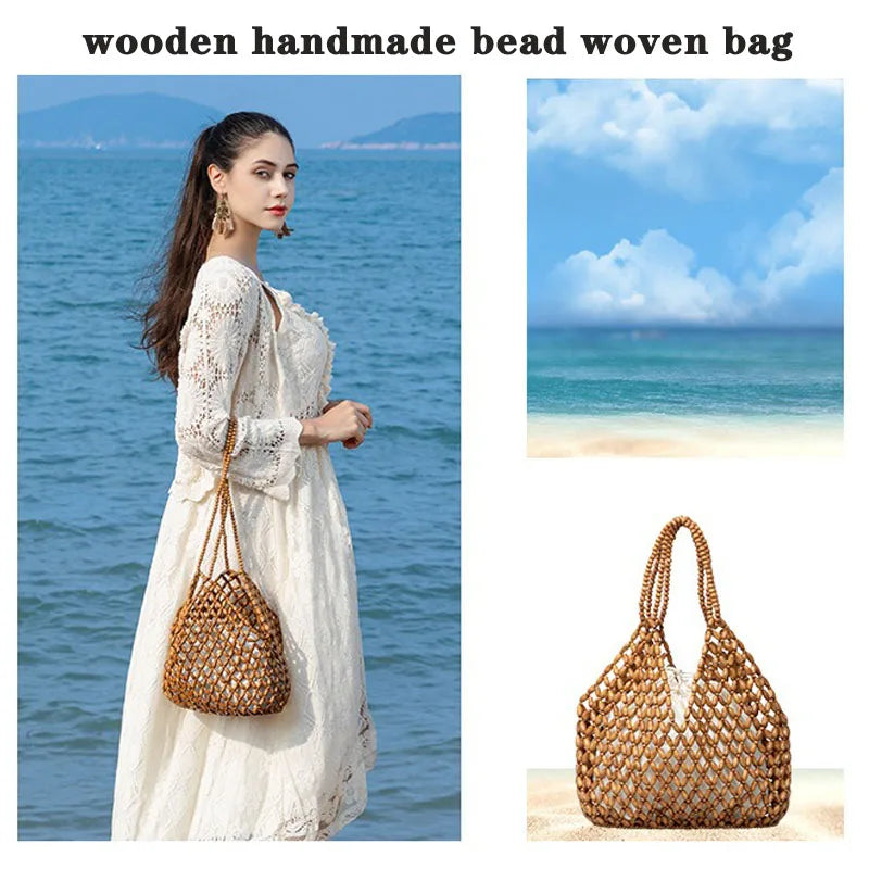 Handmade Woven Beaded Handbag For Women Exquisite Hollow-out Wooden Beaded Shoulder Bag Female Beach Bag