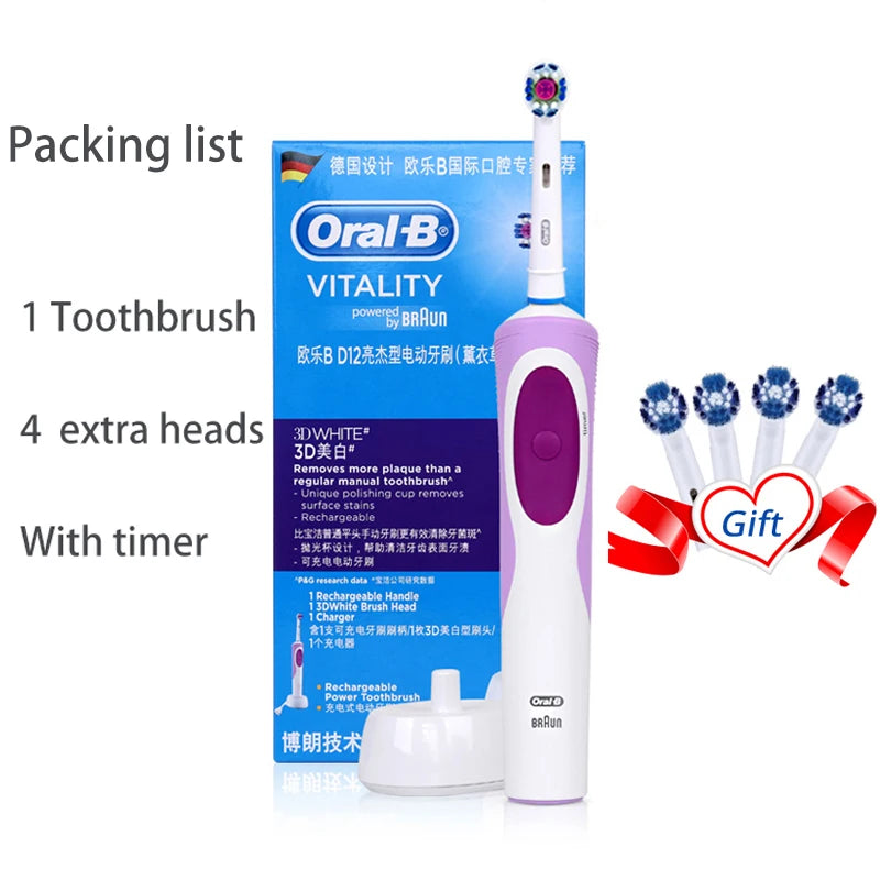Cepillo de dientes eléctrico Oral B para adultos, recargable, con rotación, blanqueamiento 3D y cabezales de regalo.