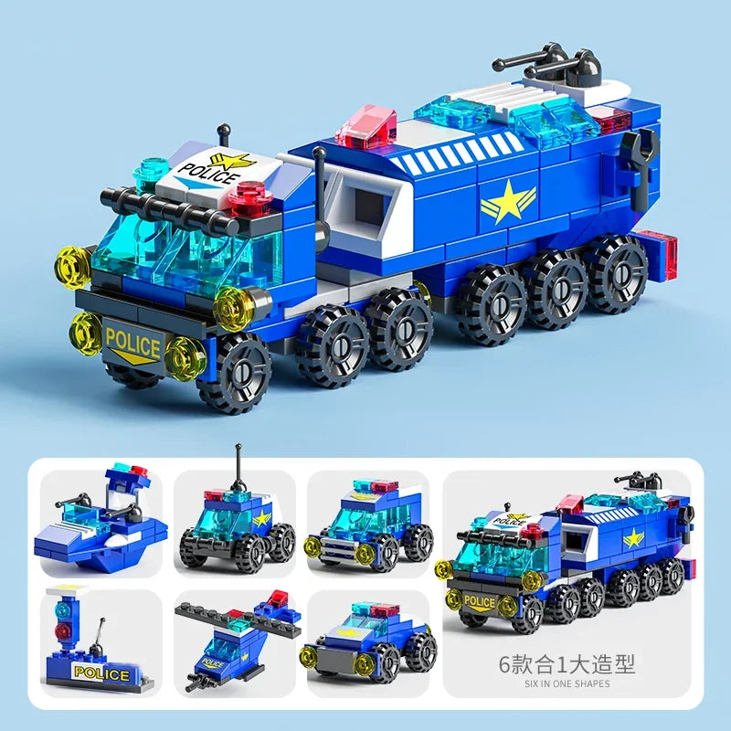 6IN1 Building Blocks City Fire Car Police Truck Engineering Crane Tank Helicopter Bricks Set Toys for Children Kids