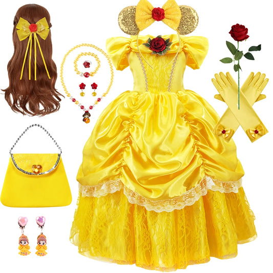 Kids Belle Cosplay Party Princess Dress Beauty Beast Princess Clothes  Halloween Event Festival Party Flowers Print Costume