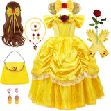 Kids Belle Cosplay Party Princess Dress Beauty Beast Princess Clothes Halloween Event Festival Party Flowers Print Costume
