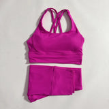 Conjunto de fitness para gimnasio de color sólido, sujetador deportivo cruzado suave y ajustado, 2 piezas de compresión, leggings de yoga de cintura alta, traje de entrenamiento integral para correr