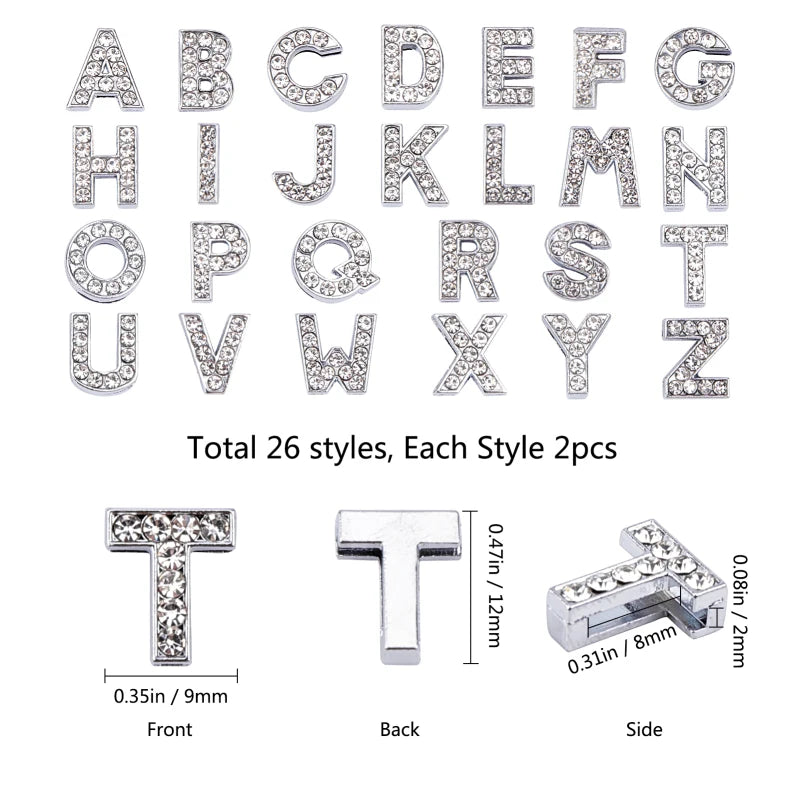 52 pçs/caixa encantos deslizantes de liga de zinco ecológicos com strass banhado a platina letra A ~ Z cristal 12x3 ~ 12x4,5mm Furo: 8x2mm
