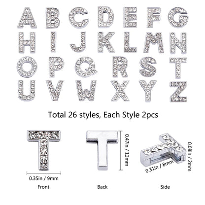 52 pçs/caixa encantos deslizantes de liga de zinco ecológicos com strass banhado a platina letra A ~ Z cristal 12x3 ~ 12x4,5mm Furo: 8x2mm