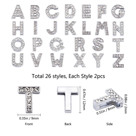 52 pçs/caixa encantos deslizantes de liga de zinco ecológicos com strass banhado a platina letra A ~ Z cristal 12x3 ~ 12x4,5mm Furo: 8x2mm