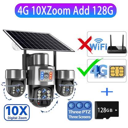 20MP 4G Sim Solar Camera WiFi 10X Optical Zoom 3-PTZ 4-Lens 3-Screens Outdoor Wireless Security Cameras Auto Tracking CCTV V380