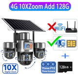 20MP 4G Sim Solar Camera WiFi 10X Optical Zoom 3-PTZ 4-Lens 3-Screens Outdoor Wireless Security Cameras Auto Tracking CCTV V380