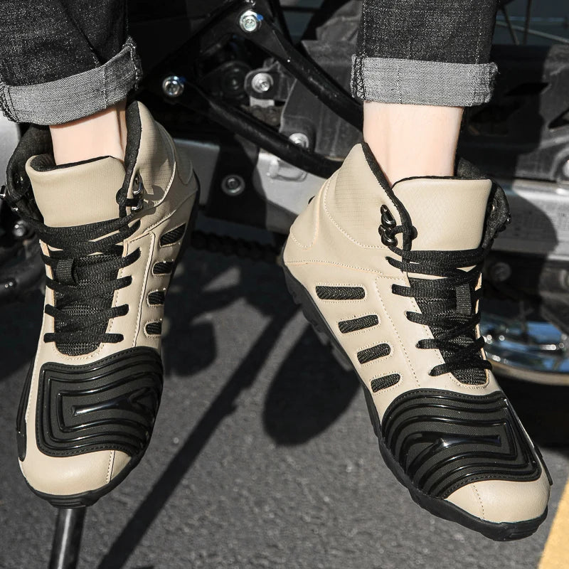Men's Leather Upper Mountain Racing Locomotive Shoes Cool Off-Road Motorcycle Boots with Low-Cut Protection and Anti-Collision