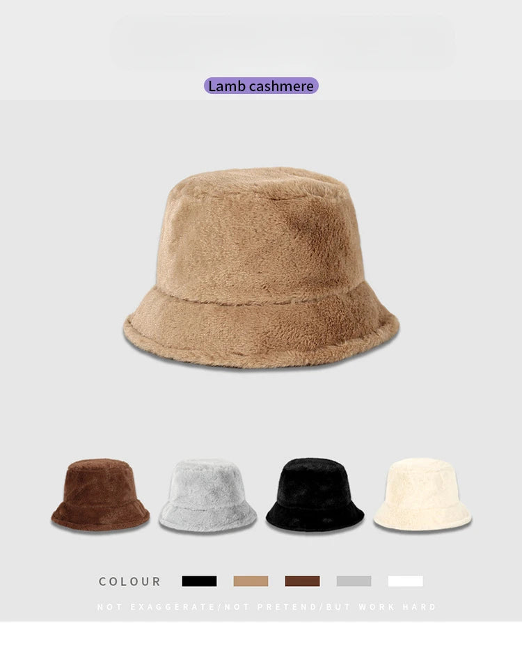 Winter Rabbit Plush Fisherman Hats for Women Girl Bucket Hat Windproof Leopard Soft Faux Fur Wide Brim Lady Women Artist Cap