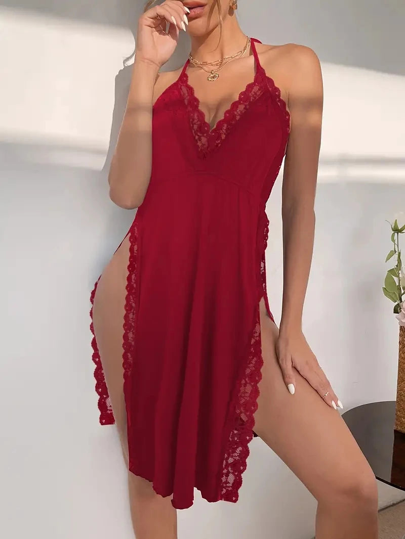Sexy Women's Nightgown Deep V Lace Halter Nightdress Plus Size Loose Intimates